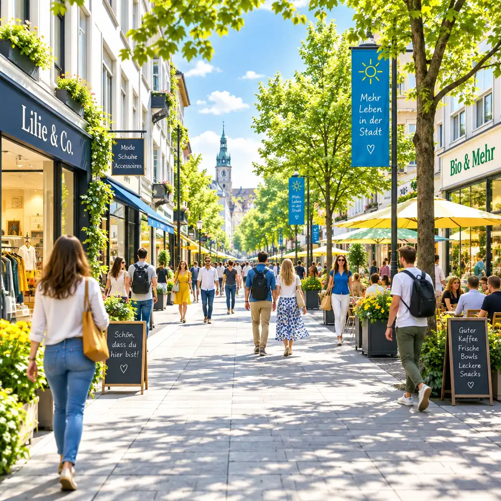 Belebte Stadtstrasse bei Tag aus Fussgängerperspektive mit Menschen, Bäumen und Geschäften.