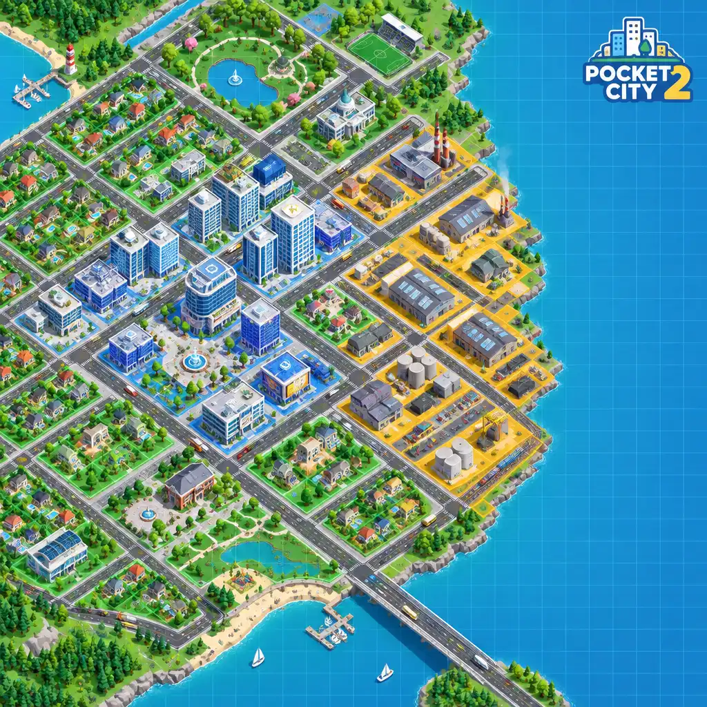 Top-down Stadtbild in Pocket City 2 mit Strassen, Wohn-, Gewerbe- und Industriezonen sowie Parks und Fahrzeugen