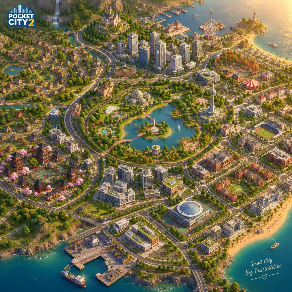 Kreativ gestaltete Stadt in Pocket City 2 mit organischen Strassen, vielen Parks und Themenvierteln
