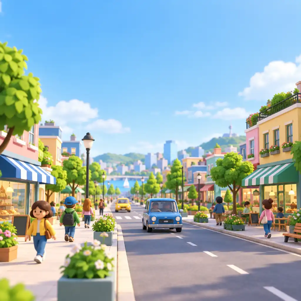 Lebendige Strassenszene in einer farbenfrohen 3D-Stadt aus der Fussgängerperspektive, mit pastellfarbenen Gebäuden, Bäumen und Bürgerfiguren
