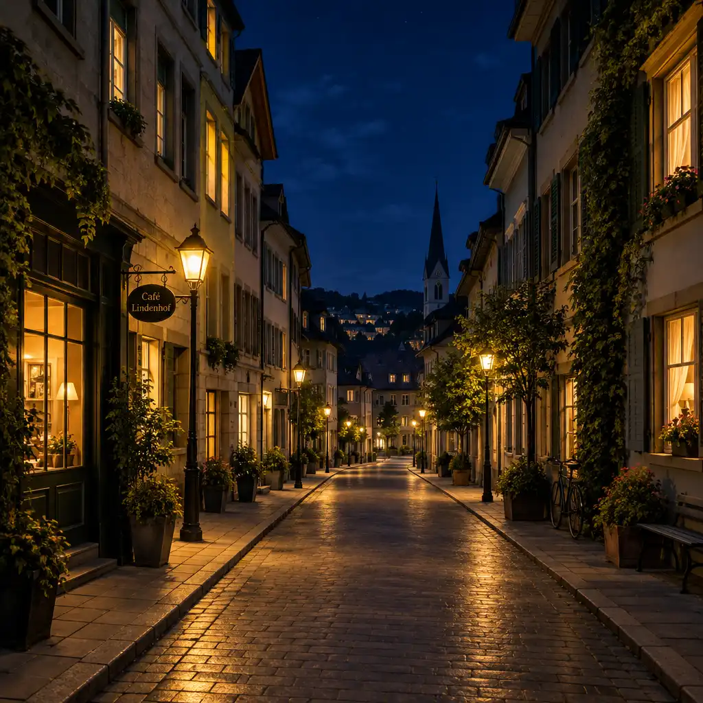 Nächtliche Stadtstrasse aus Fussgängerperspektive mit warmen Strassenlaternen und erleuchteten Fenstern.